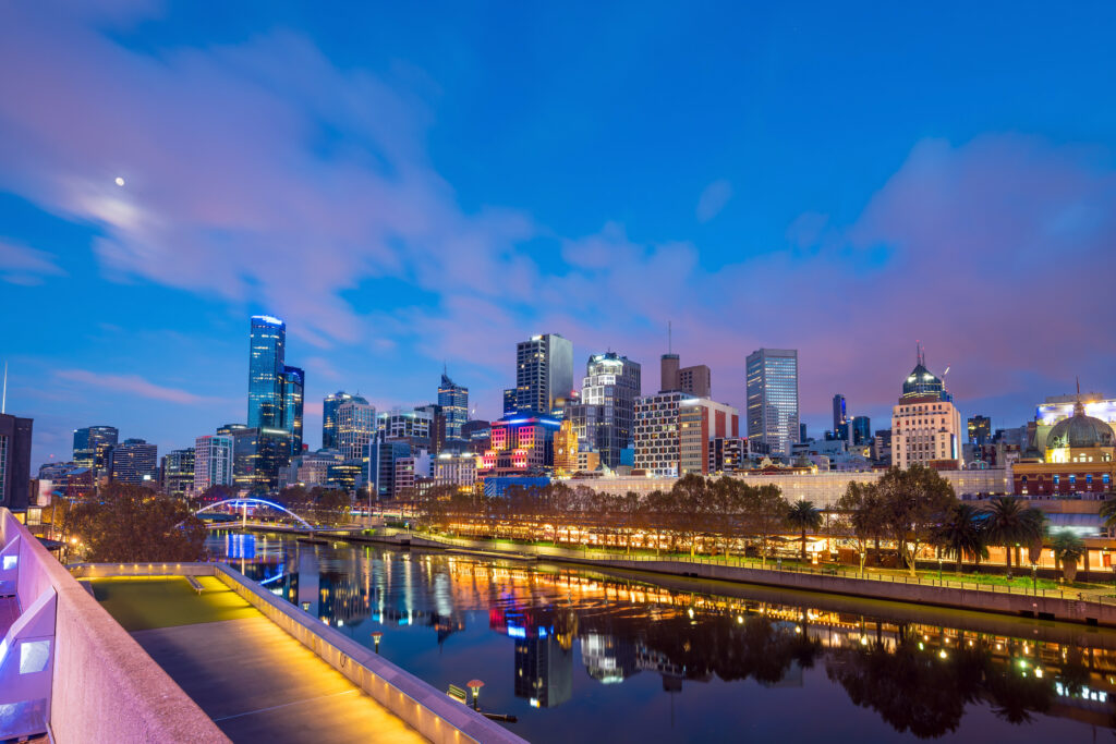 Melbourne Victoria skyline and residential suburbs at golden hour